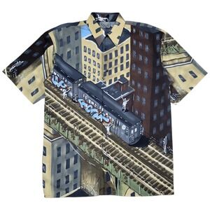 Up Ro's Vintage Button Up Shirt Mens M 90s Graffiti Subway Train Streetwear AOP